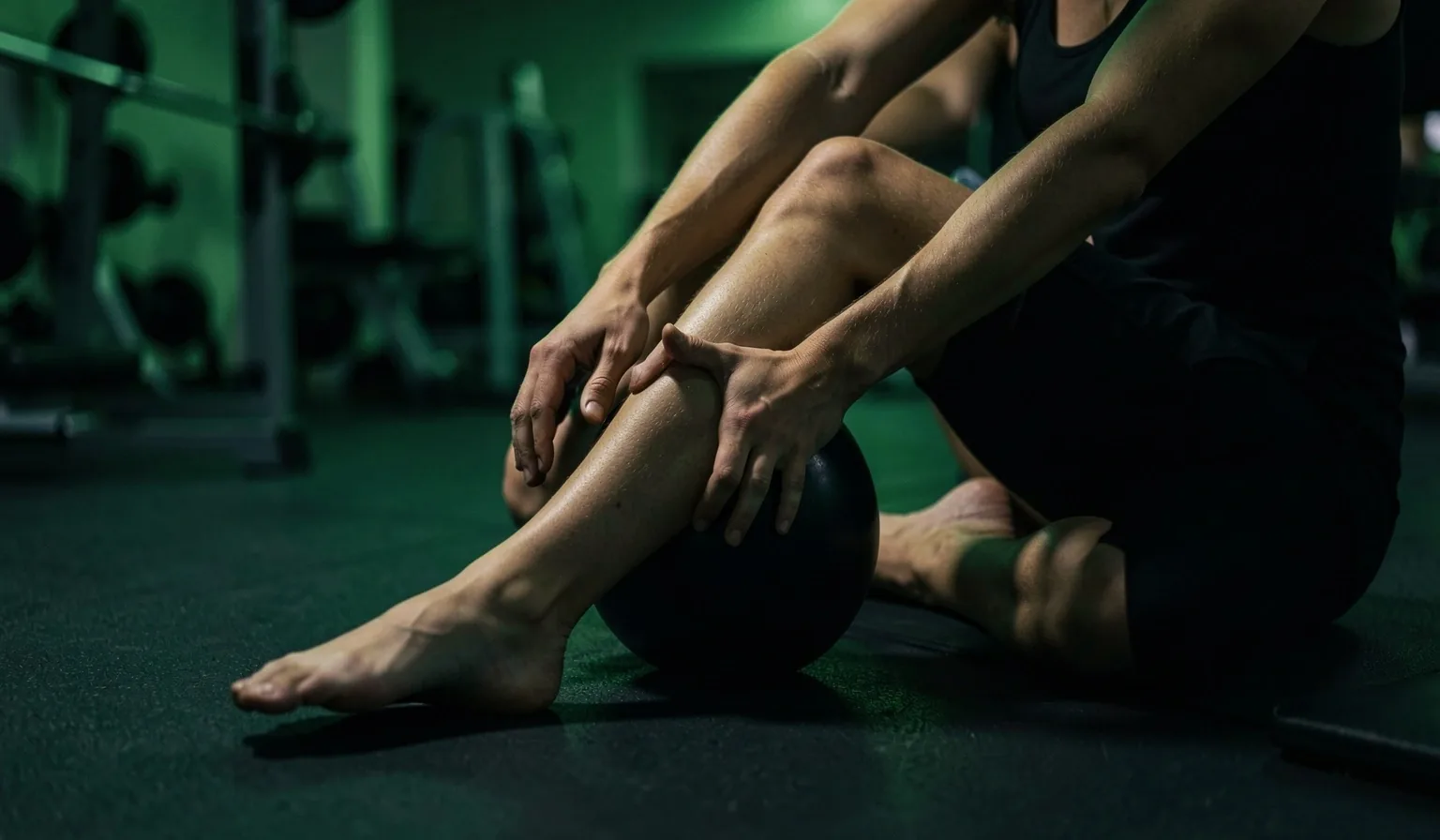 Athlete performing stretching routine in low light