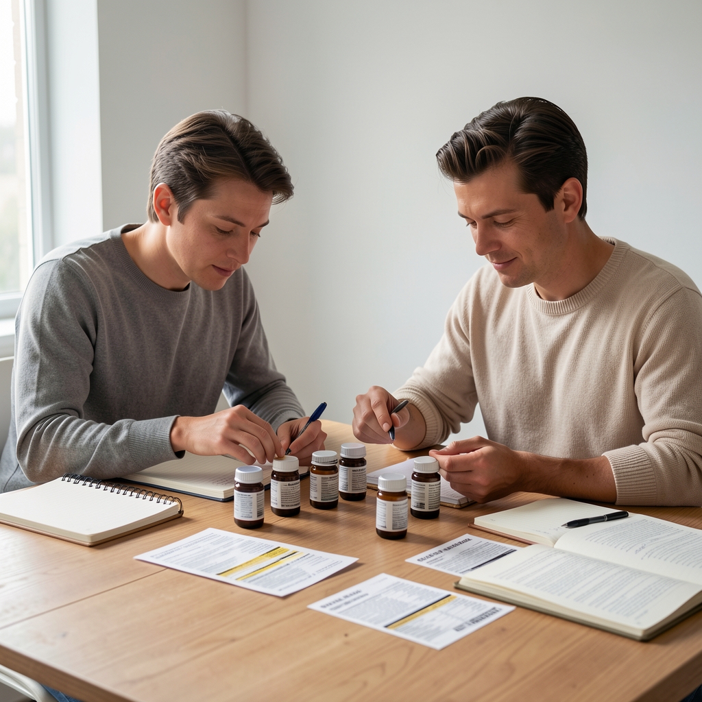 Two people at a studio table examining small product jars and ingredient labels spread across the surface, notebooks open, natural light from the left