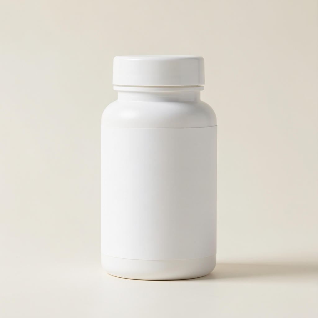 White supplement bottle with minimal label standing upright on a pale background with clean editorial composition and soft shadow