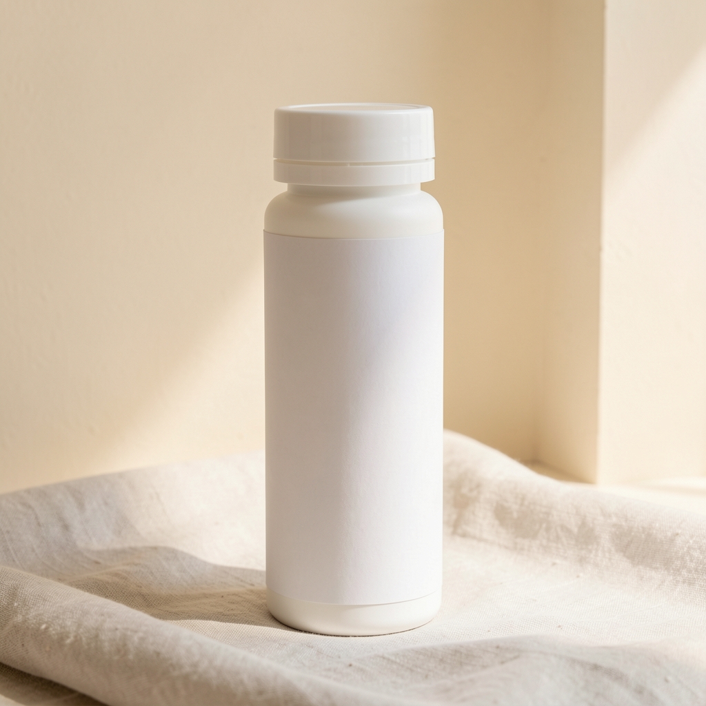 Tall slender supplement bottle with clean white label standing on a pale linen cloth against a warm cream wall, soft natural daylight from the right